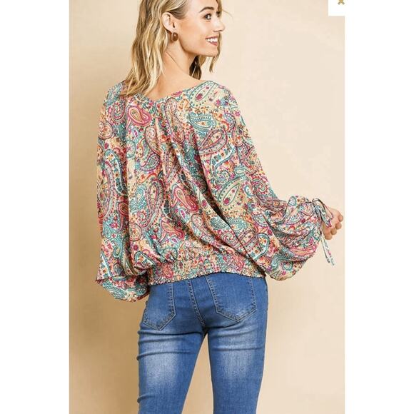 Umgee Womens Large Paisley Print Puff Dolman Sleeve Boho Blouse Top - Picture 2 of 10